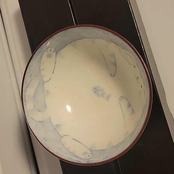 Happy Cat Fat Cat Kitten Rice or Noodle Bowl Japan Blue Brown - Picture 2 of 9